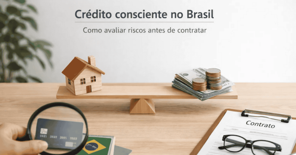 Finanças no Brasil representadas por uma balança com uma casa de um lado e dinheiro do outro, contrato e cartão de crédito sobre a mesa, simbolizando crédito consciente e a avaliação de riscos antes de contratar.