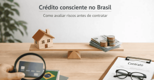 Finanças no Brasil representadas por uma balança com uma casa de um lado e dinheiro do outro, contrato e cartão de crédito sobre a mesa, simbolizando crédito consciente e a avaliação de riscos antes de contratar.