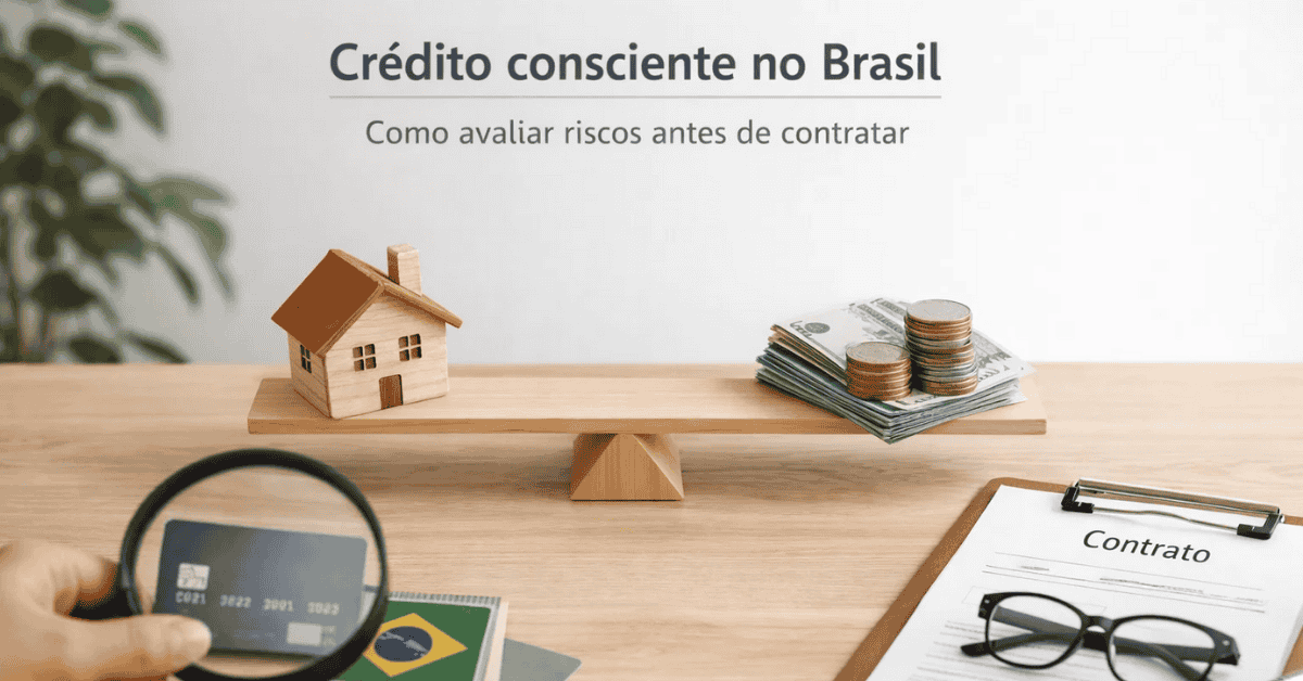 Finanças no Brasil representadas por uma balança com uma casa de um lado e dinheiro do outro, contrato e cartão de crédito sobre a mesa, simbolizando crédito consciente e a avaliação de riscos antes de contratar.