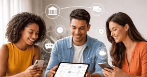 Grupo de jovens usando aplicativos digitais para gerenciar finanças, com celular e tablet exibindo serviços financeiros.