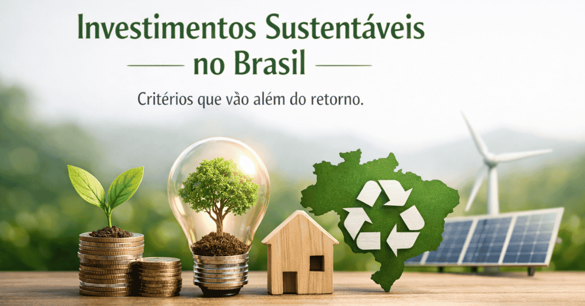 Elementos de investimentos sustentáveis no Brasil, com moedas empilhadas e muda de planta, lâmpada com árvore simbolizando inovação verde, casa de madeira, mapa do Brasil com símbolo de reciclagem, painéis solares e turbina eólica ao fundo, representando finanças sustentáveis além do retorno financeiro.