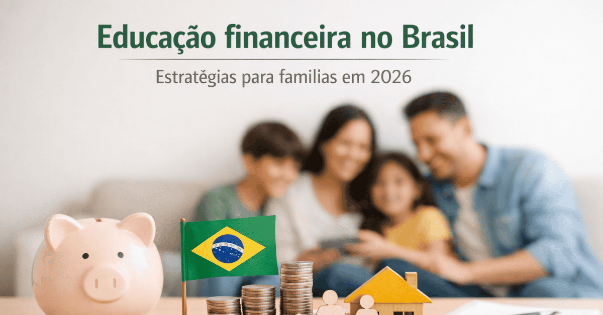 Família brasileira reunida em casa ao fundo, com cofrinho, moedas empilhadas, bandeira do Brasil e miniatura de casa em primeiro plano, representando educação financeira e planejamento de finanças familiares em 2026