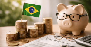Imagem relacionada a finanças no Brasil. Sobre uma mesa, há pilhas de moedas com uma pequena bandeira do Brasil, um cofre em formato de porquinho usando óculos, uma calculadora, óculos de leitura e um documento identificado como “título público federal”. A cena representa planejamento financeiro, investimentos em renda fixa, educação financeira e organização das finanças pessoais no contexto brasileiro.