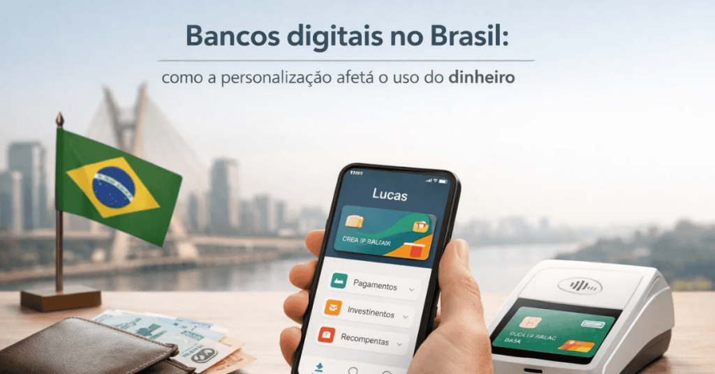 Aplicativo de banco digital no Brasil exibido no celular com cartão virtual e opções de pagamentos, investimentos e recompensas, ao lado de maquininha, carteira com dinheiro e bandeira do Brasil, representando a modernização das finanças e a personalização no uso do dinheiro.