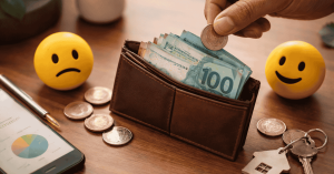Carteira aberta com cédulas de dinheiro e moedas espalhadas sobre a mesa, enquanto uma mão adiciona uma moeda, simbolizando controle de finanças pessoais e organização do orçamento. Ao lado, dois emojis — um triste e outro feliz — representam os altos e baixos das finanças. Também aparecem um smartphone com gráfico financeiro, uma caneta e um chaveiro em formato de casa, reforçando o conceito de planejamento financeiro, metas e estabilidade econômica.