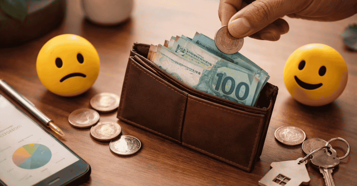 Carteira aberta com cédulas de dinheiro e moedas espalhadas sobre a mesa, enquanto uma mão adiciona uma moeda, simbolizando controle de finanças pessoais e organização do orçamento. Ao lado, dois emojis — um triste e outro feliz — representam os altos e baixos das finanças. Também aparecem um smartphone com gráfico financeiro, uma caneta e um chaveiro em formato de casa, reforçando o conceito de planejamento financeiro, metas e estabilidade econômica.