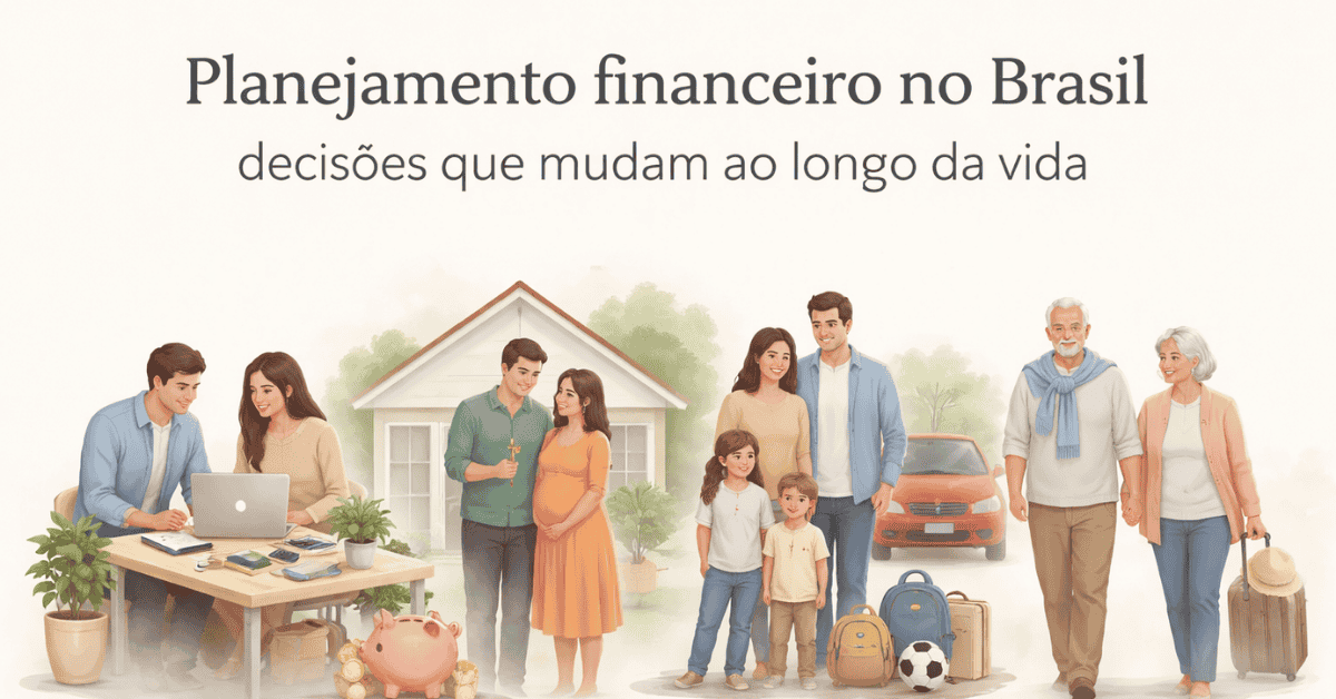 Ilustração sobre planejamento financeiro no Brasil ao longo da vida. A imagem mostra diferentes fases de uma família: um jovem casal organizando finanças em um computador, um casal esperando um bebê em frente a uma casa com cofrinho, uma família com dois filhos ao lado de um carro e mochilas escolares, e um casal de idosos caminhando com malas. O cenário representa decisões financeiras em cada etapa da vida, como compra da casa, filhos, bens e aposentadoria.