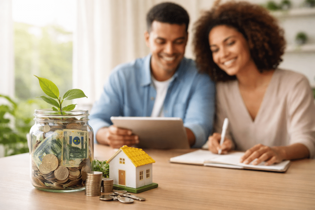 Casal sorridente sentado à mesa analisando finanças domésticas com um tablet e anotando informações em um caderno, enquanto um pote de vidro com moedas, notas de dinheiro e uma pequena planta simboliza crescimento financeiro ao lado de uma miniatura de casa e chaves, representando planejamento de economia e investimento para aquisição de imóvel.