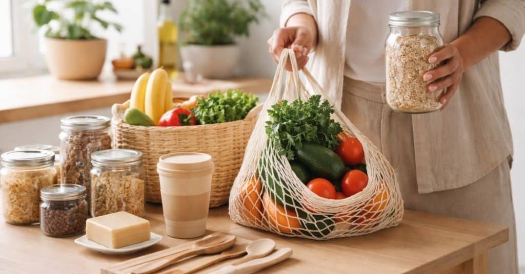 Pessoa organizando compras com alimentos naturais e potes reutilizáveis, representando economia doméstica e controle de Finanças no dia a dia.