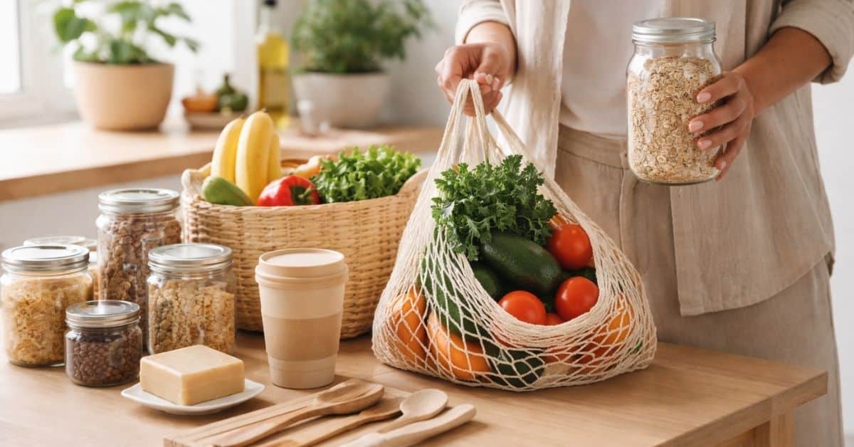 Pessoa organizando compras com alimentos naturais e potes reutilizáveis, representando economia doméstica e controle de Finanças no dia a dia.