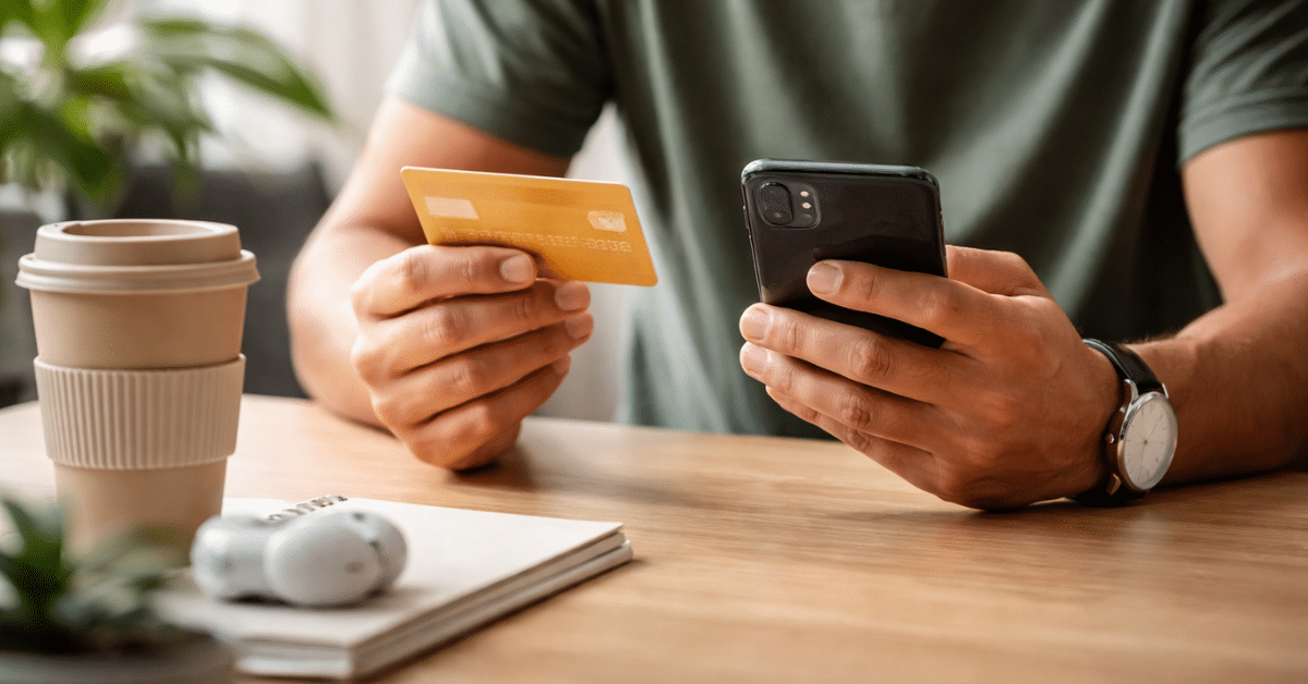 Pessoa sentada em uma mesa utilizando um smartphone enquanto segura um cartão de crédito dourado, realizando uma transação financeira ou pagamento online. Sobre a mesa há um copo de café para viagem, um caderno e fones de ouvido, representando o uso de tecnologia móvel para compras digitais, gestão de despesas e controle financeiro no dia a dia.