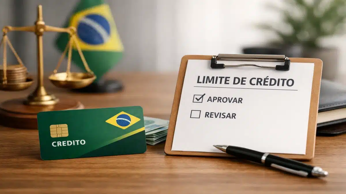 Ilustração sobre limite de cartão de crédito no Brasil, mostrando um cartão de crédito verde com a bandeira brasileira ao lado de um clipboard com a inscrição “limite de crédito” e opções de aprovação ou revisão marcadas, além de dinheiro, balança financeira e elementos de análise ao fundo. A cena representa como bancos avaliam, definem e ajustam o limite de um cartão de crédito com base no perfil financeiro do cliente no Brasil.