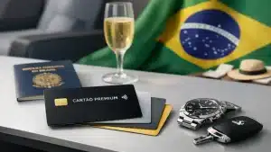 Ilustração sobre cartão de crédito premium no Brasil, mostrando cartões sofisticados sobre uma superfície ao lado de itens de alto padrão como relógio, chave de carro, taça de espumante e passaporte brasileiro, com a bandeira do Brasil ao fundo. A cena representa benefícios exclusivos, estilo de vida elevado e questiona o que realmente justifica as vantagens oferecidas por um cartão de crédito premium no Brasil.