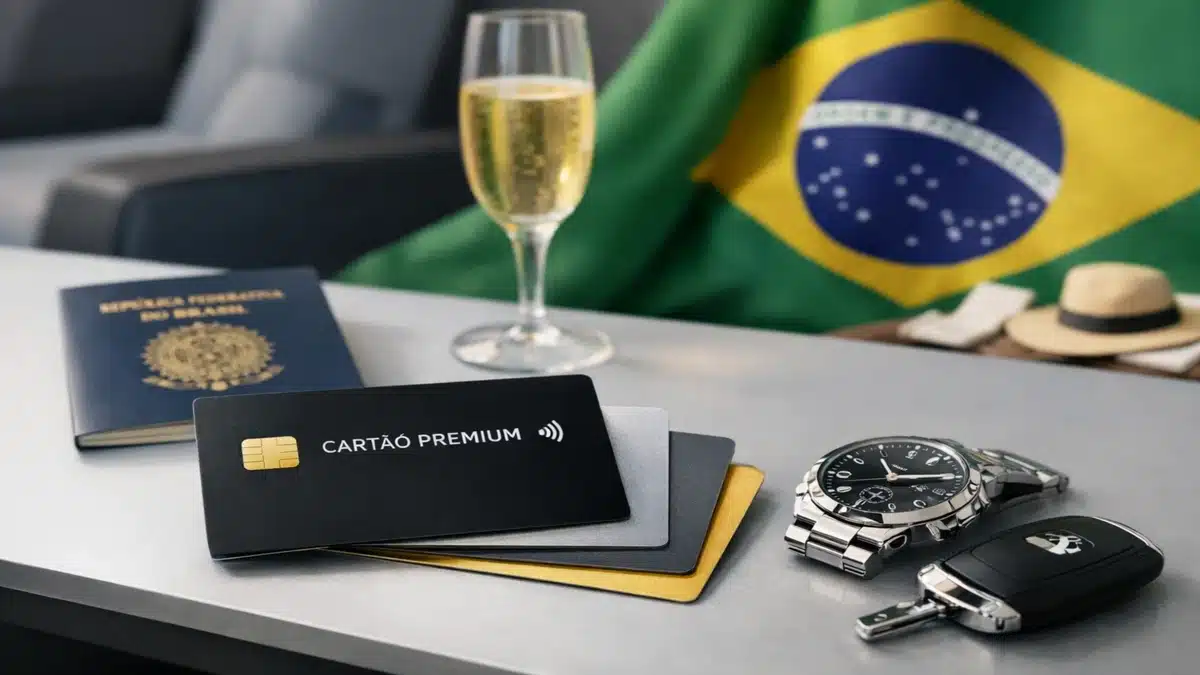 Ilustração sobre cartão de crédito premium no Brasil, mostrando cartões sofisticados sobre uma superfície ao lado de itens de alto padrão como relógio, chave de carro, taça de espumante e passaporte brasileiro, com a bandeira do Brasil ao fundo. A cena representa benefícios exclusivos, estilo de vida elevado e questiona o que realmente justifica as vantagens oferecidas por um cartão de crédito premium no Brasil.
