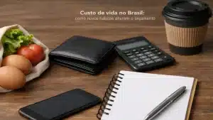 Ilustração sobre custo de vida no Brasil, mostrando uma mesa com alimentos básicos como ovos, tomate e folhas verdes ao lado de itens financeiros como carteira, calculadora, celular, caderno e café. A composição representa o impacto dos novos hábitos no orçamento doméstico, destacando o uso do cartão de crédito no controle de despesas e planejamento financeiro no dia a dia.