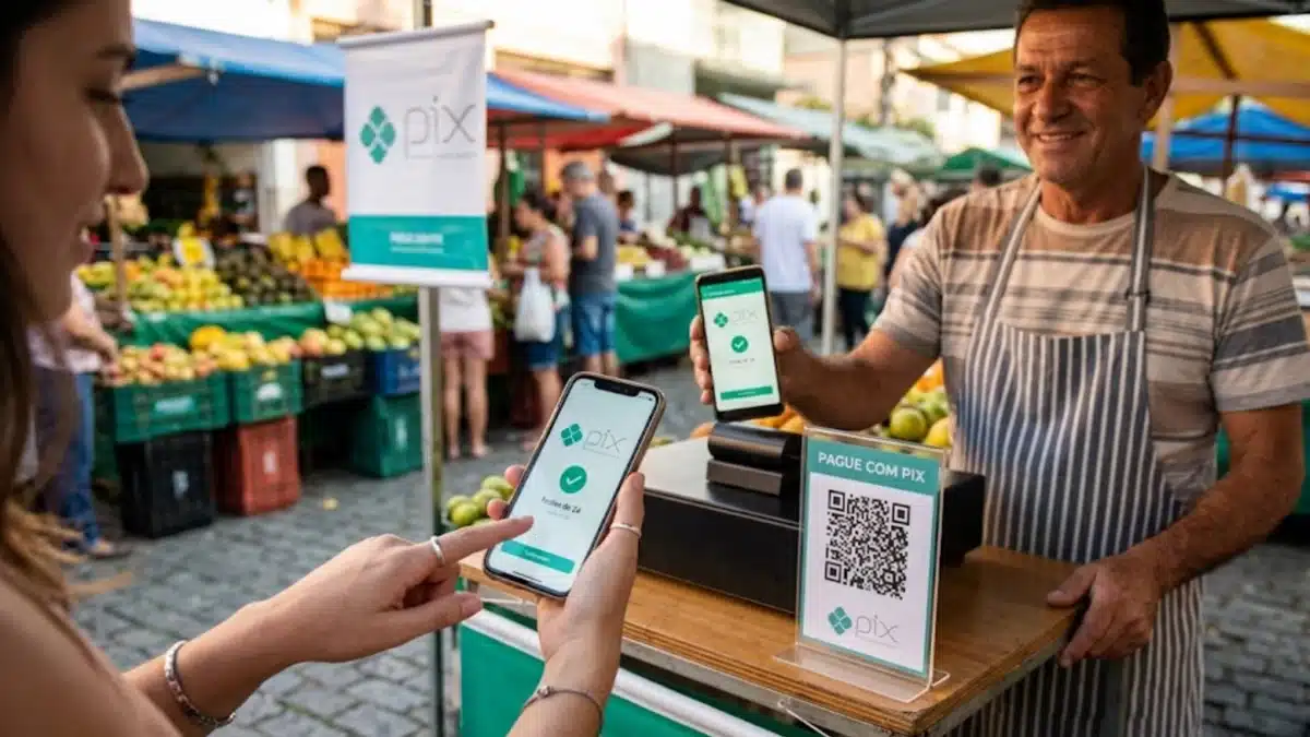 Cena de uma feira ao ar livre onde um vendedor sorridente utiliza um avental e segura um celular exibindo a confirmação de pagamento via Pix, enquanto uma cliente também utiliza seu smartphone para realizar a transação. Em destaque, há um QR code para pagamento sobre o balcão, além de frutas frescas ao fundo, barracas coloridas e movimento de pessoas. A imagem transmite praticidade e modernidade nas transações digitais, evidenciando o uso de tecnologia e informações financeiras no dia a dia.