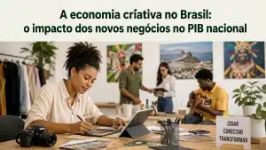 Imagem realista e minimalista sobre a economia criativa no Brasil, com o título ‘A economia criativa no Brasil: o impacto dos novos negócios no PIB nacional’ no topo. A cena mostra um ambiente de trabalho colaborativo com jovens profissionais criando conteúdos visuais, música e design em um escritório moderno e bem iluminado. Há câmera fotográfica, tablet, guitarra e elementos culturais brasileiros ao fundo, transmitindo informações sobre inovação, empreendedorismo criativo e novos negócios no Brasil.