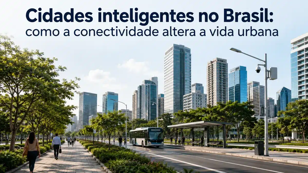 Paisagem urbana moderna de uma cidade inteligente no Brasil, com prédios contemporâneos, árvores e transporte público em uma avenida ampla e organizada. A cena transmite conectividade, sustentabilidade e inovação urbana, com iluminação natural equilibrada e visual minimalista. No topo da imagem aparece o título “Cidades inteligentes no Brasil: como a conectividade altera a vida urbana”. Ideal para conteúdos sobre informações de tecnologia urbana e transformação digital nas cidades brasileiras.