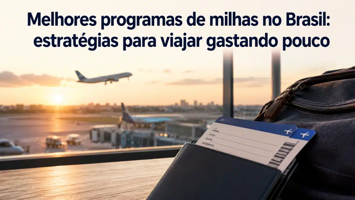 Imagem horizontal sobre programas de milhas no Brasil. No topo, o título ‘Melhores programas de milhas no Brasil: estratégias para viajar gastando pouco’. Ao fundo, vista de um aeroporto ao pôr do sol através de amplas janelas, com aeronaves em operação na pista e um avião decolando ao longe. Em primeiro plano, uma bolsa de viagem escura e cartões de embarque parcialmente visíveis sobre uma mesa, representando acúmulo e uso de milhas para viagens. Composição minimalista, realista e organizada, com iluminação suave e foco em viagens aéreas, passagens e benefícios de cartão de crédito associados a programas de fidelidade.